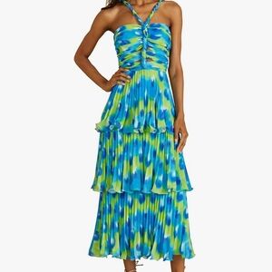 AMUR Blue and Green Pleated Midi Dress